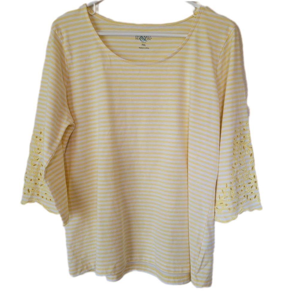 PXL Yellow and White Striped 3/4 Flared Sleeve with Embroidered Detail